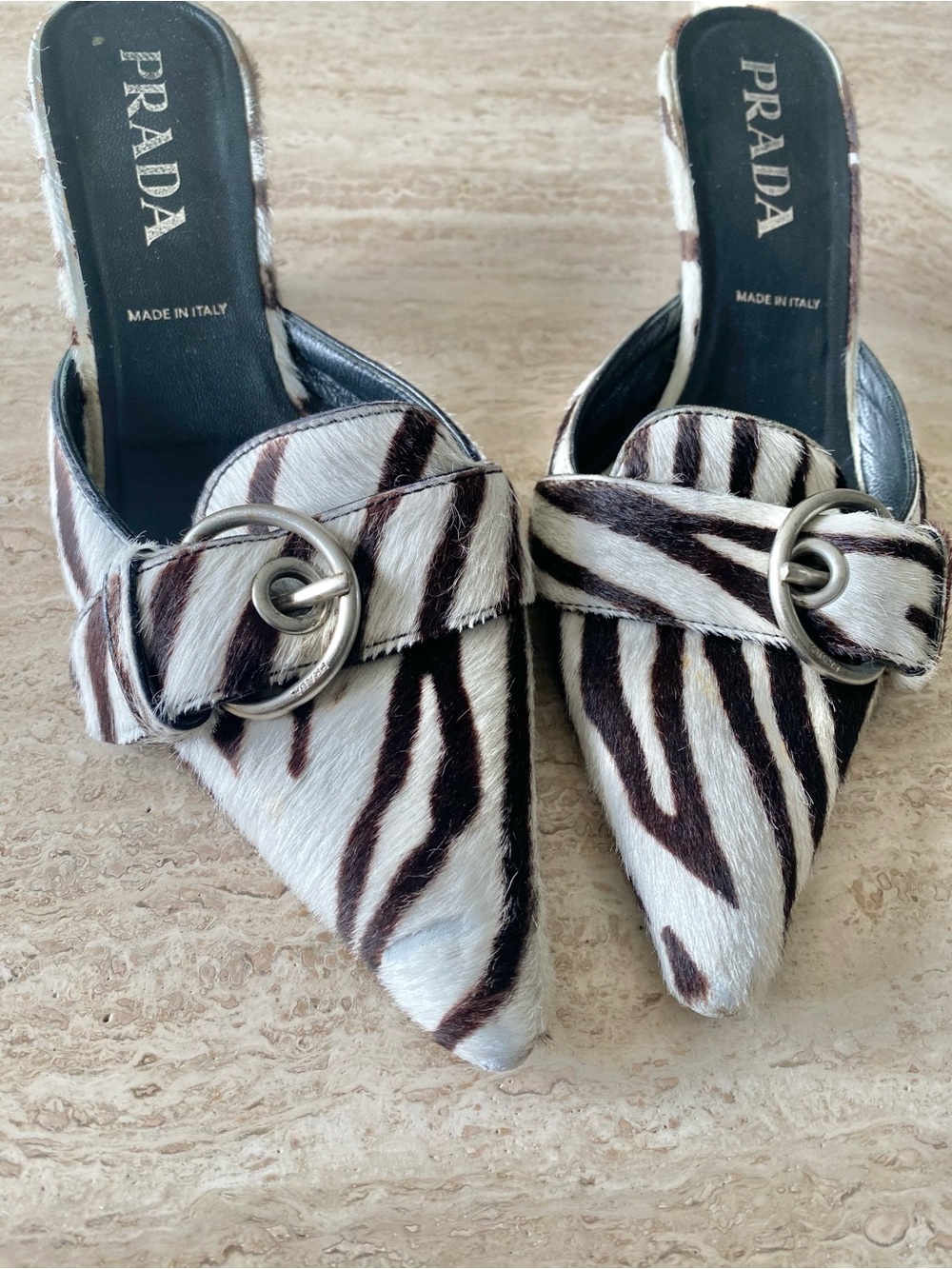 Vintage Prada Zebra Pony Hair Buckle Mule Heels - Picture 6 of 10